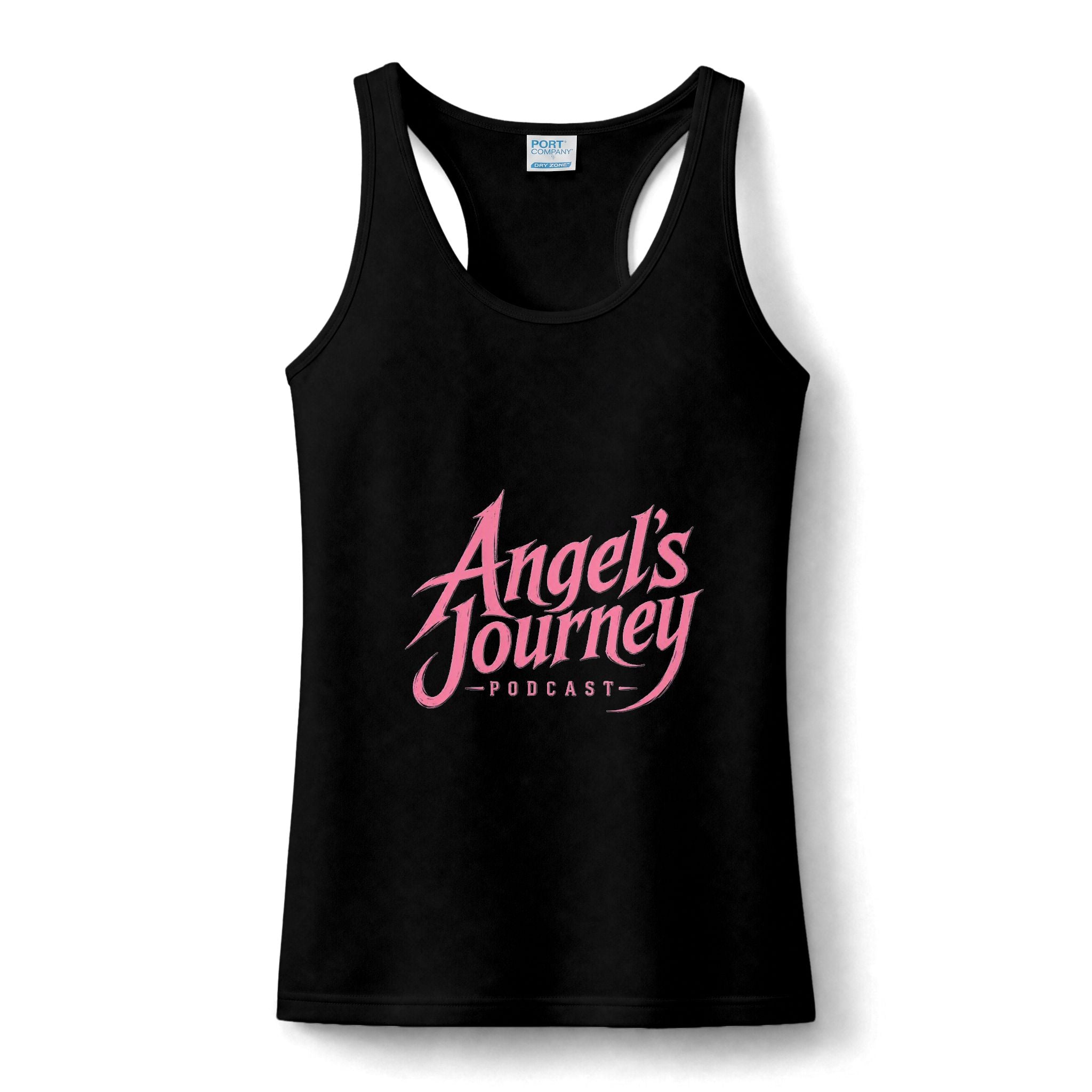 Angel's Journey Podcast Women's Tank — Pink Script Logo & Matthew 10:8 Scripture Back