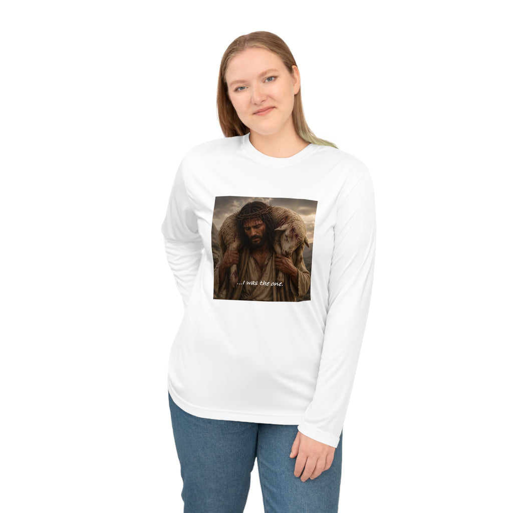Matthew 18:12 Shepherd Graphic Long Sleeve Shirt — Jesus Carrying Lamb Faith Tee
