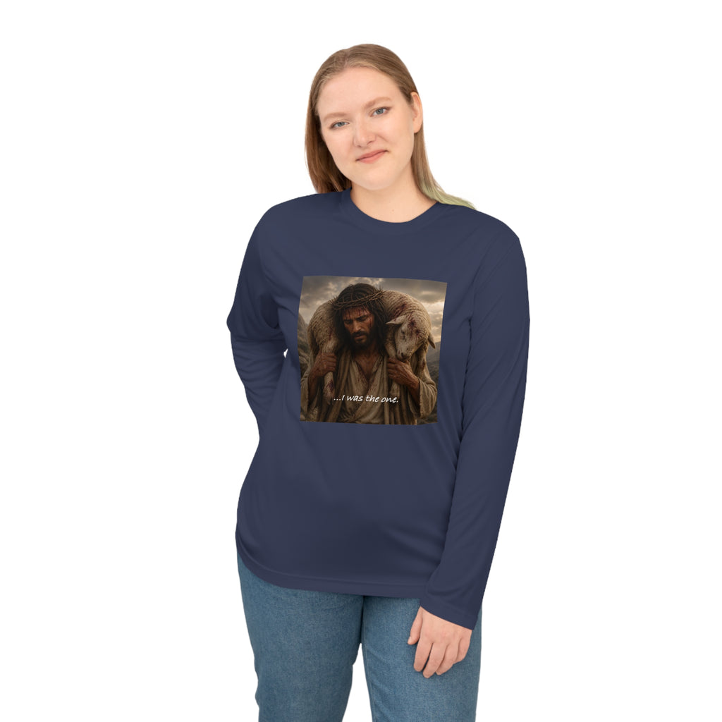 Matthew 18:12 Shepherd Graphic Long Sleeve Shirt — Jesus Carrying Lamb Faith Tee