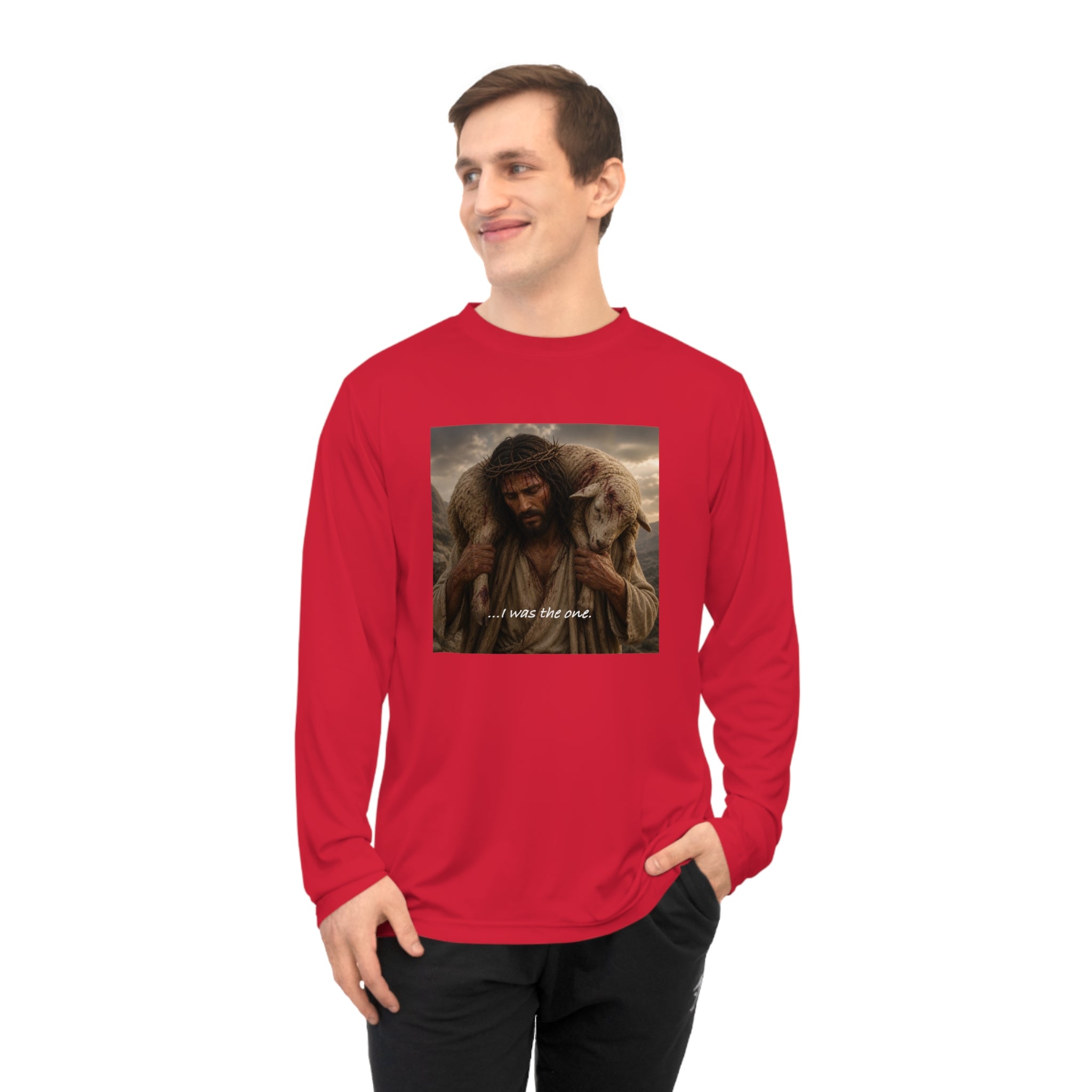 Matthew 18:12 Shepherd Graphic Long Sleeve Shirt — Jesus Carrying Lamb Faith Tee
