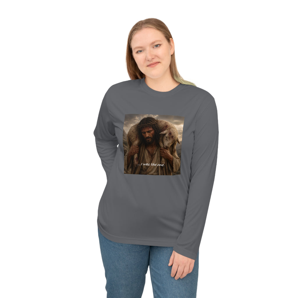 Matthew 18:12 Shepherd Graphic Long Sleeve Shirt — Jesus Carrying Lamb Faith Tee