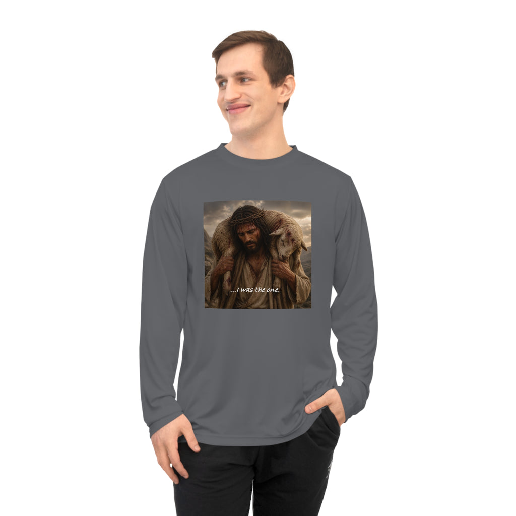 Matthew 18:12 Shepherd Graphic Long Sleeve Shirt — Jesus Carrying Lamb Faith Tee