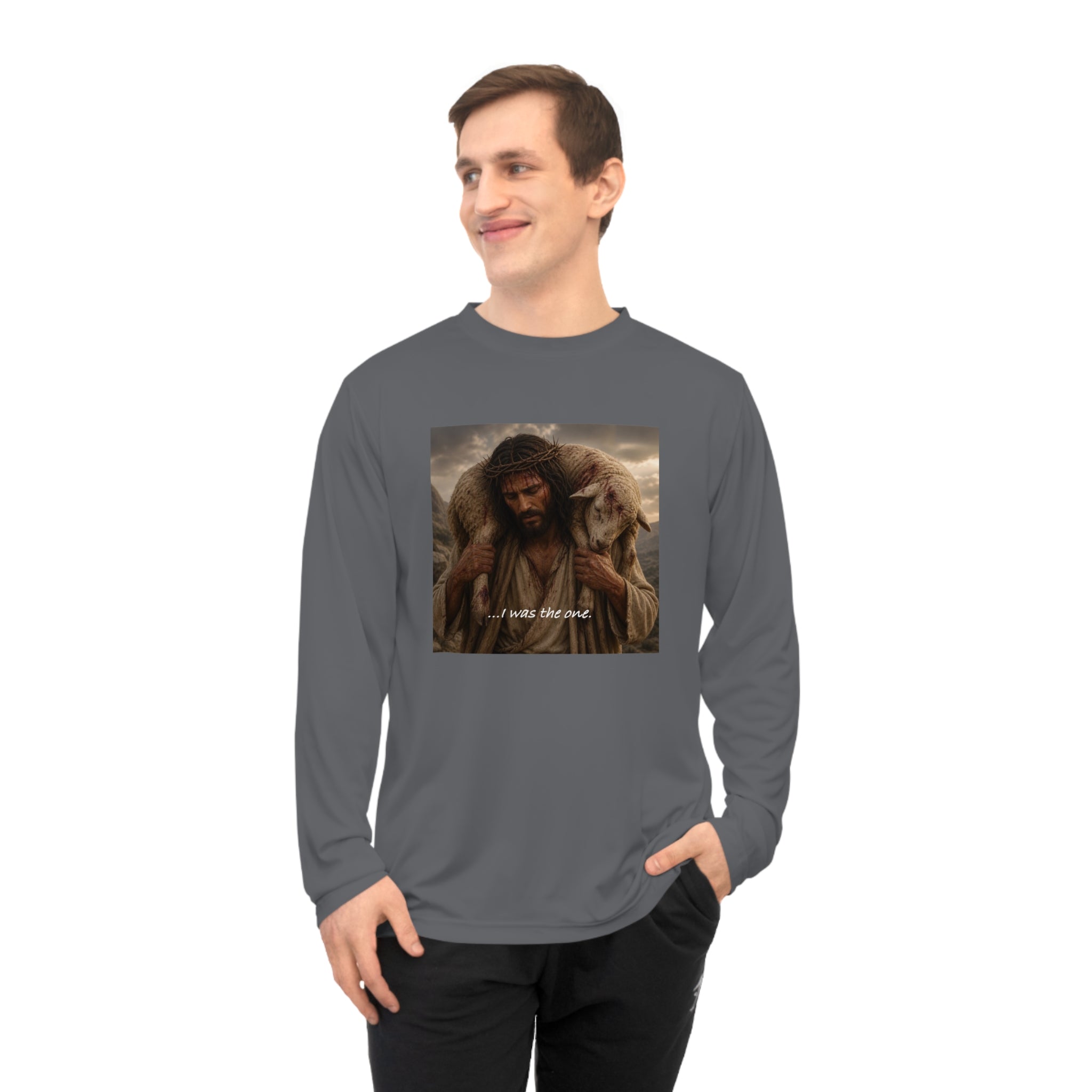 Matthew 18:12 Shepherd Graphic Long Sleeve Shirt — Jesus Carrying Lamb Faith Tee