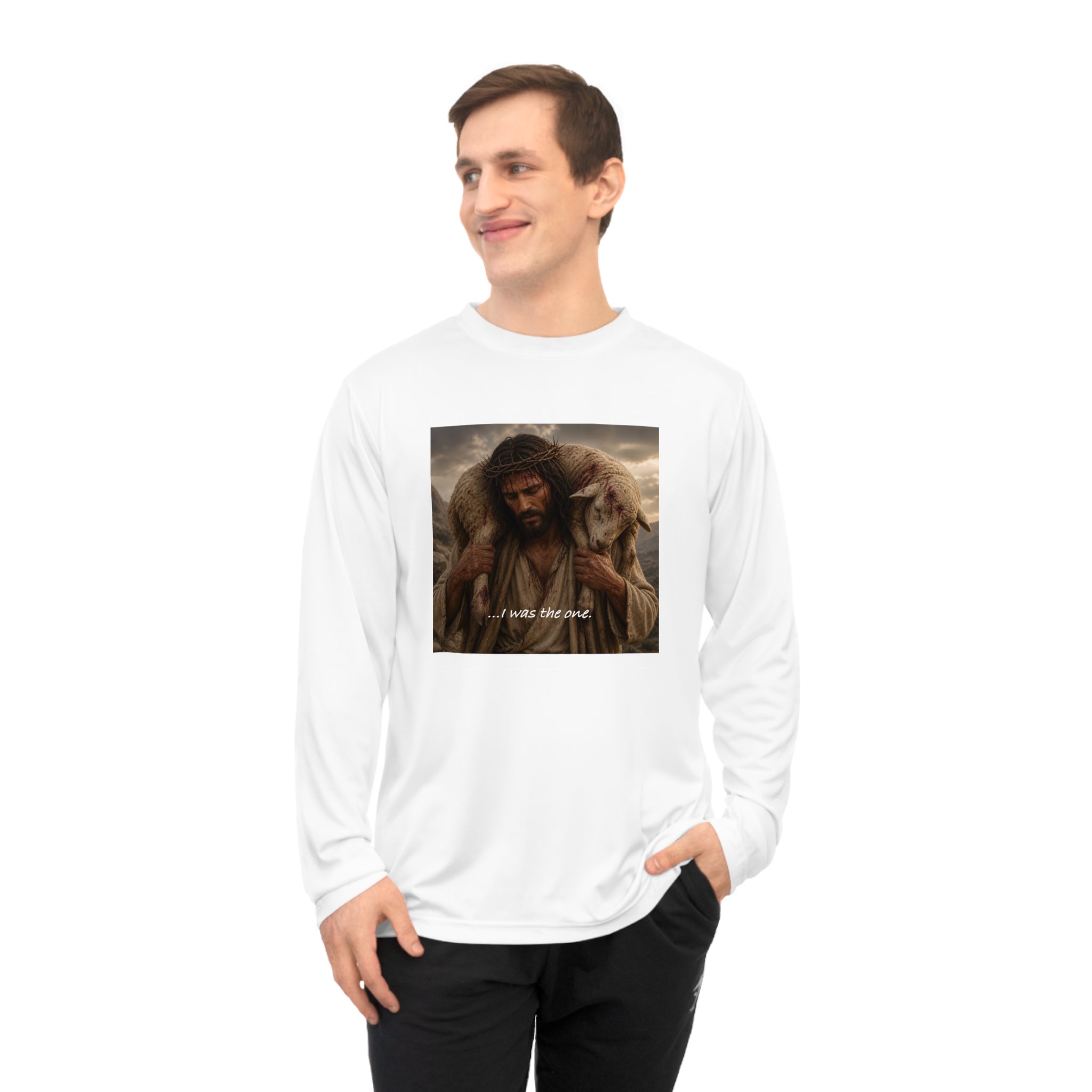 Matthew 18:12 Shepherd Graphic Long Sleeve Shirt — Jesus Carrying Lamb Faith Tee