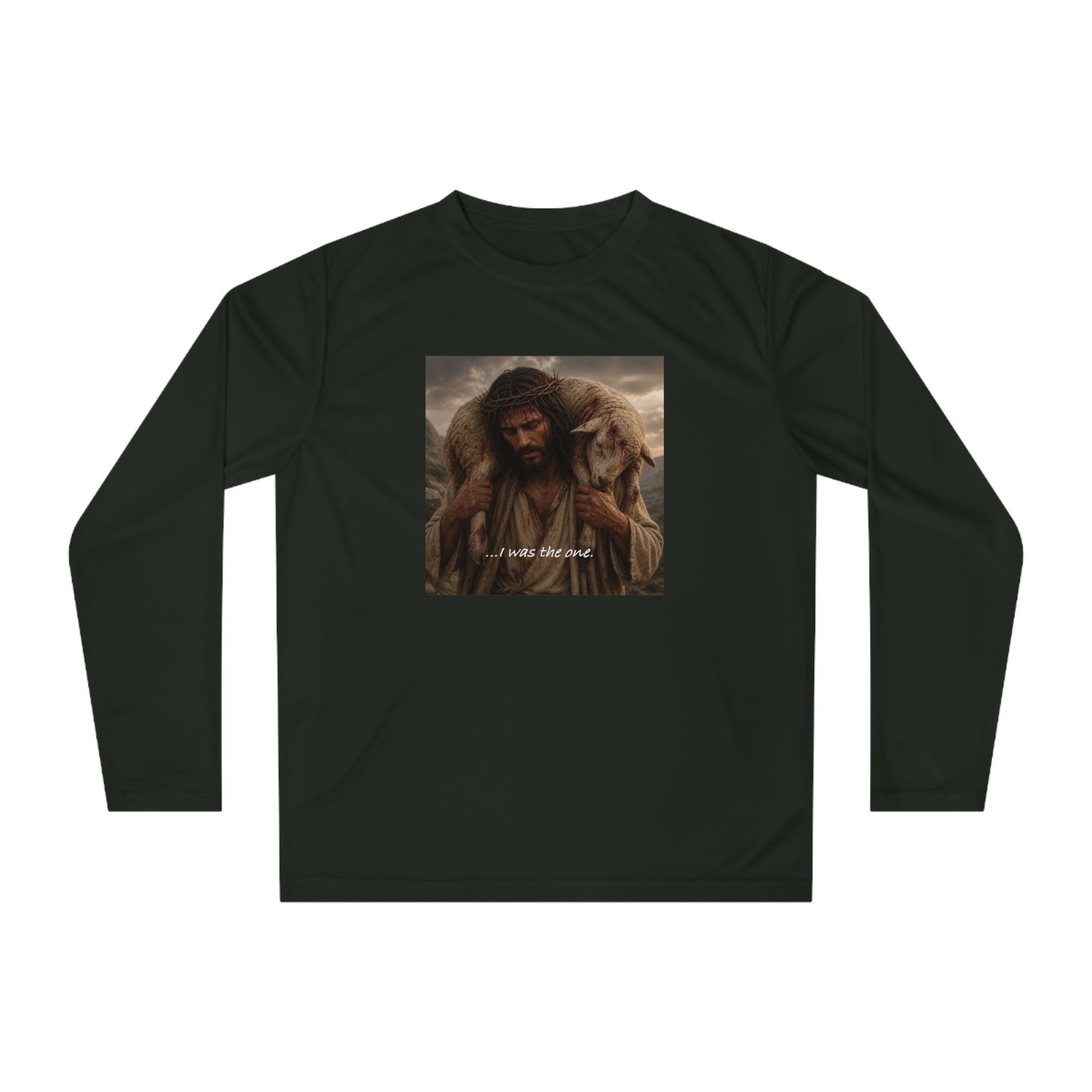 Matthew 18:12 Shepherd Graphic Long Sleeve Shirt — Jesus Carrying Lamb Faith Tee