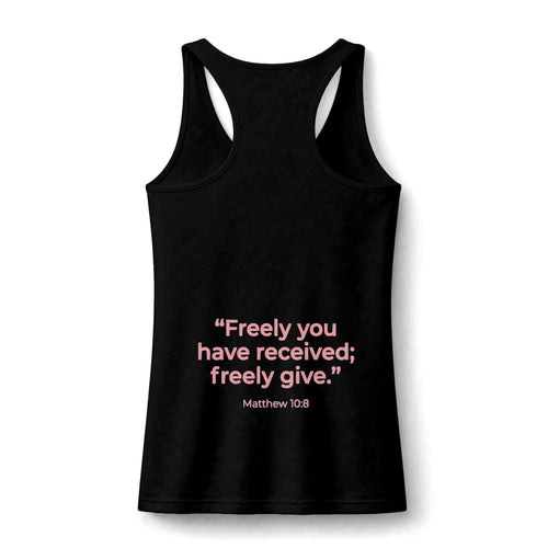 Angel's Journey Podcast Women's Tank — Pink Script Logo & Matthew 10:8 Scripture Back