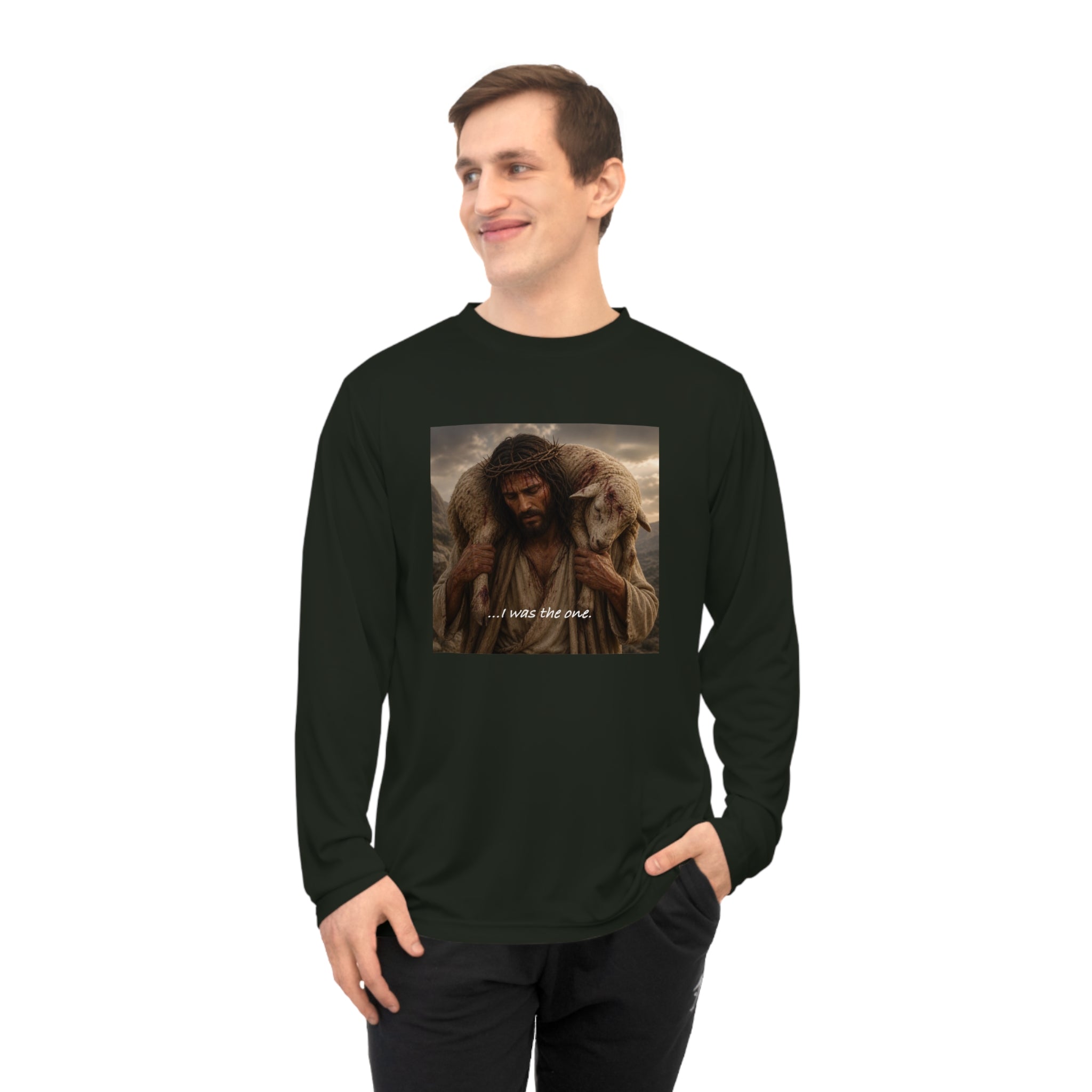Matthew 18:12 Shepherd Graphic Long Sleeve Shirt — Jesus Carrying Lamb Faith Tee