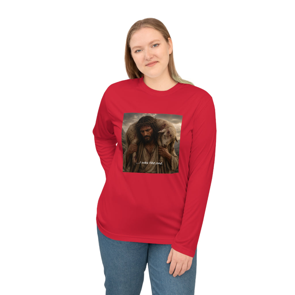 Matthew 18:12 Shepherd Graphic Long Sleeve Shirt — Jesus Carrying Lamb Faith Tee