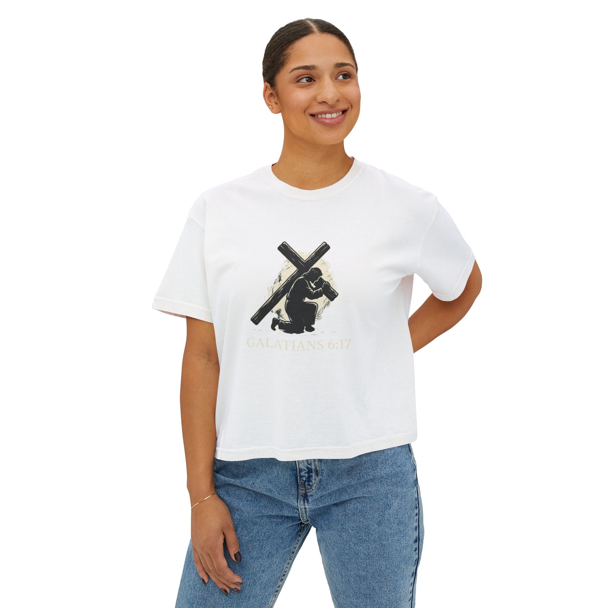 Christian Boxy Tee - Galatians 6:17 "I Bear on My Body the Marks of Christ" Prayer Shirt