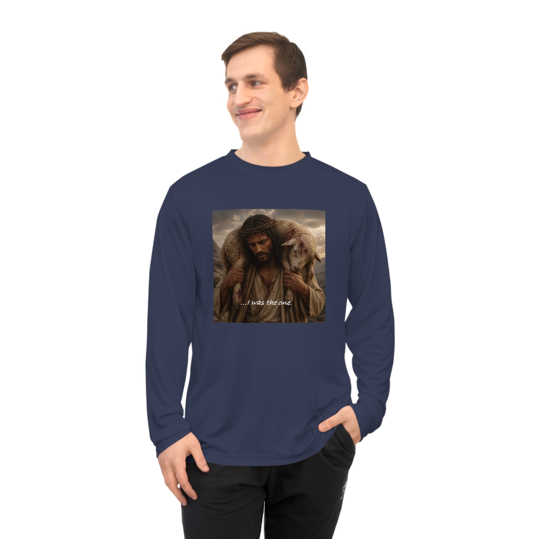 Matthew 18:12 Shepherd Graphic Long Sleeve Shirt — Jesus Carrying Lamb Faith Tee