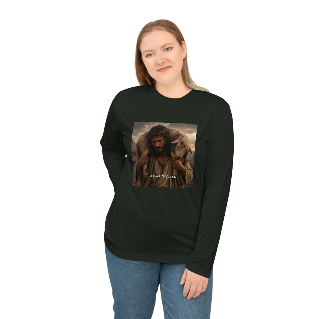 Matthew 18:12 Shepherd Graphic Long Sleeve Shirt — Jesus Carrying Lamb Faith Tee